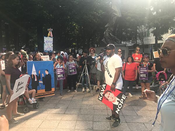 Gerald Griggs, attorney and vice president of NAACP Atlanta, speaks to people gathered in Woodruff Park on Saturday morning, Oct. 6, 2018, to voice opposition against Judge Brett Kavanaugh being named to the U.S. Supreme Court. (Photo: Meris Lutz/AJC)