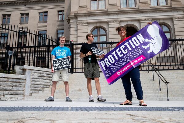 Pro-life protestors gather to celebrate Roe v. Wade being struck down by the Supreme Court outside of the Georgia State Capitol on Saturday, June 25, 2022 in Atlanta. (Chris Day/Christopher.Day@ajc.com)