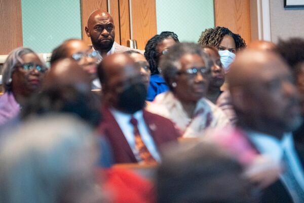 Nathan Wade sits in the back of the sanctuary as Fulton County District Attorney Fani Willis addressed the Sixth Episcopal District of the African Methodist Episcopal Church’s annual planning meeting at Turner Chapel AME Church in Marietta on Thursday, June 13, 2024.   (Ben Gray / Ben@BenGray.com)