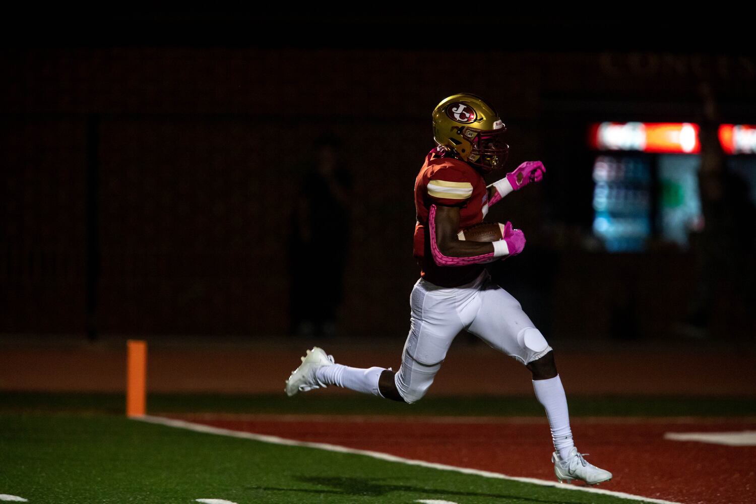 Johns Creek's Joshua Thompson (5) scores a touchdown during a GHSA high school football game between Cambridge High School and Johns Creek High School in Johns Creek, Ga. on Friday, October 15, 2021. (Photo/Jenn Finch)