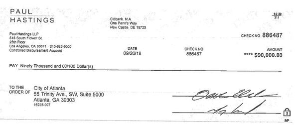 After Atlanta paid the Paul Hastings law firm $90,000 for consulting fees billed to the firm by former city attorney Cathy Hampton, the city wrote the firm that the payments shouldn’t have been approved and asked for the money back.