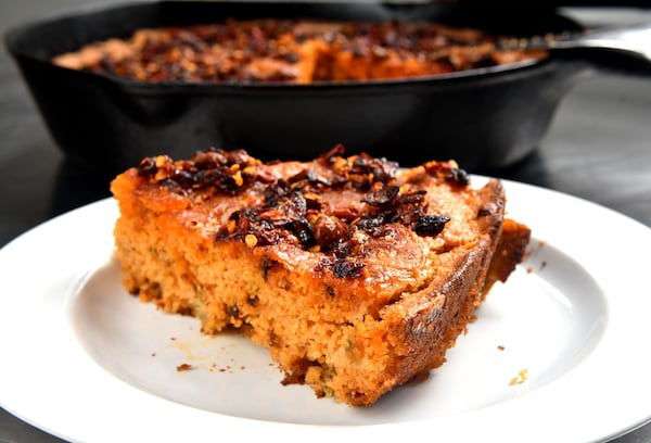 Cheesy Cornbread with Green Chiles, James Park's twist on Southern cornbread. 
(Styling by Wendell Brock. Chris Hunt for The Atlanta Journal-Constitution)