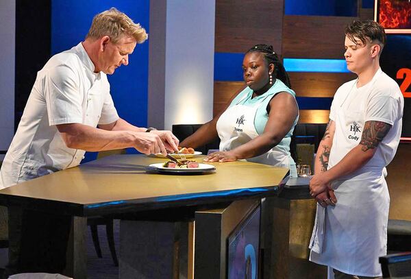 (Left to right): Host Gordon Ramsay and contestants Syann Williams and Cody Candelario on the season 15 debut of "Hell's Kitchen." Scott Kirkland / FOX. © 2021 FOX MEDIA LLC.