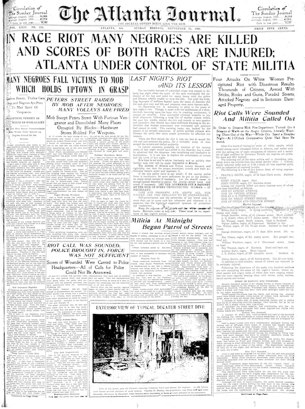 The front page of The Atlanta Journal's edition for Sept. 23, 1906, was filled with news of the previous night's deadly riots aimed at Black people.