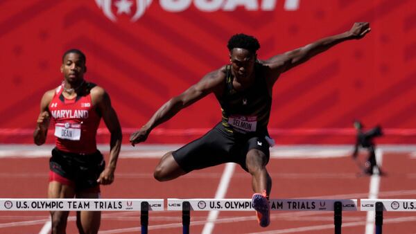 Kenny Selmon wins a semi-final in the men's 400-meter hurdles at the U.S. Olympic Track and Field Trials Friday, June 25, 2021, in Eugene, Ore. (Ashley Landis/AP)