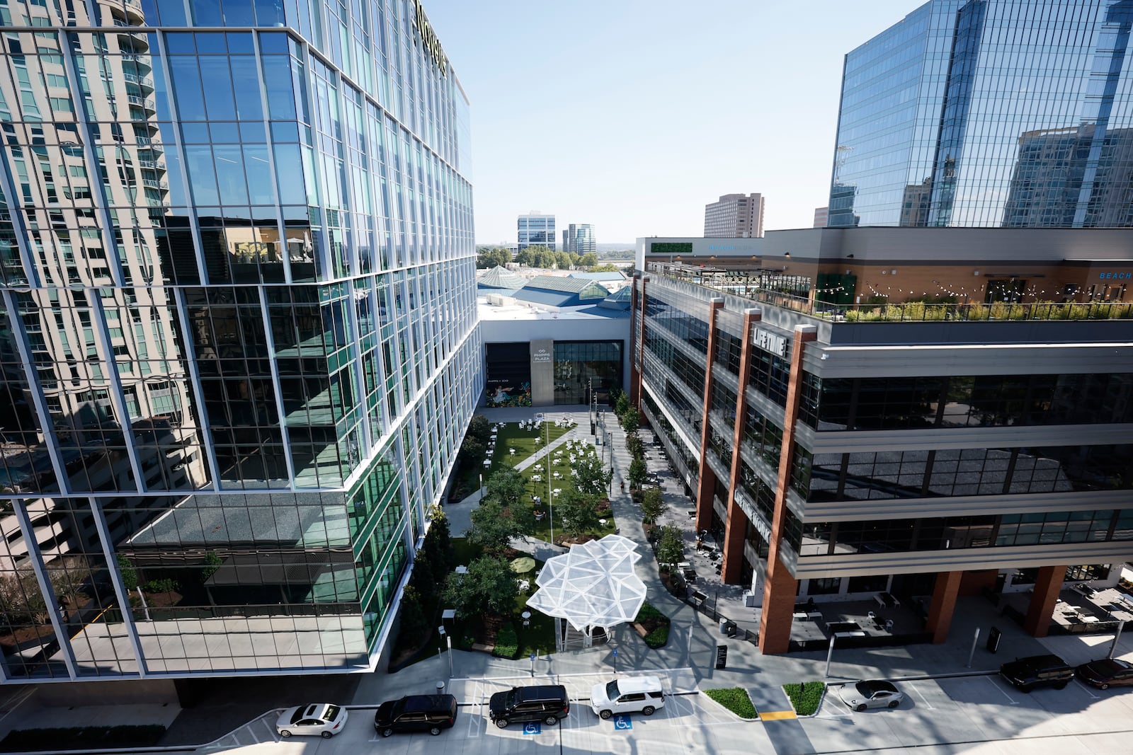 The green space of Phipps Plaza is seen from the rooftop of the Nobu Hotel. AJC 2023