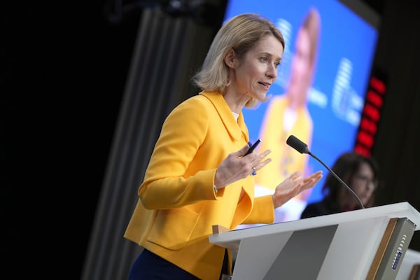 European Union foreign policy chief Kaja Kallas speaks during a media conference after a meeting of EU foreign ministers in Brussels, Monday, Feb. 24, 2025. (AP Photo/Virginia Mayo)