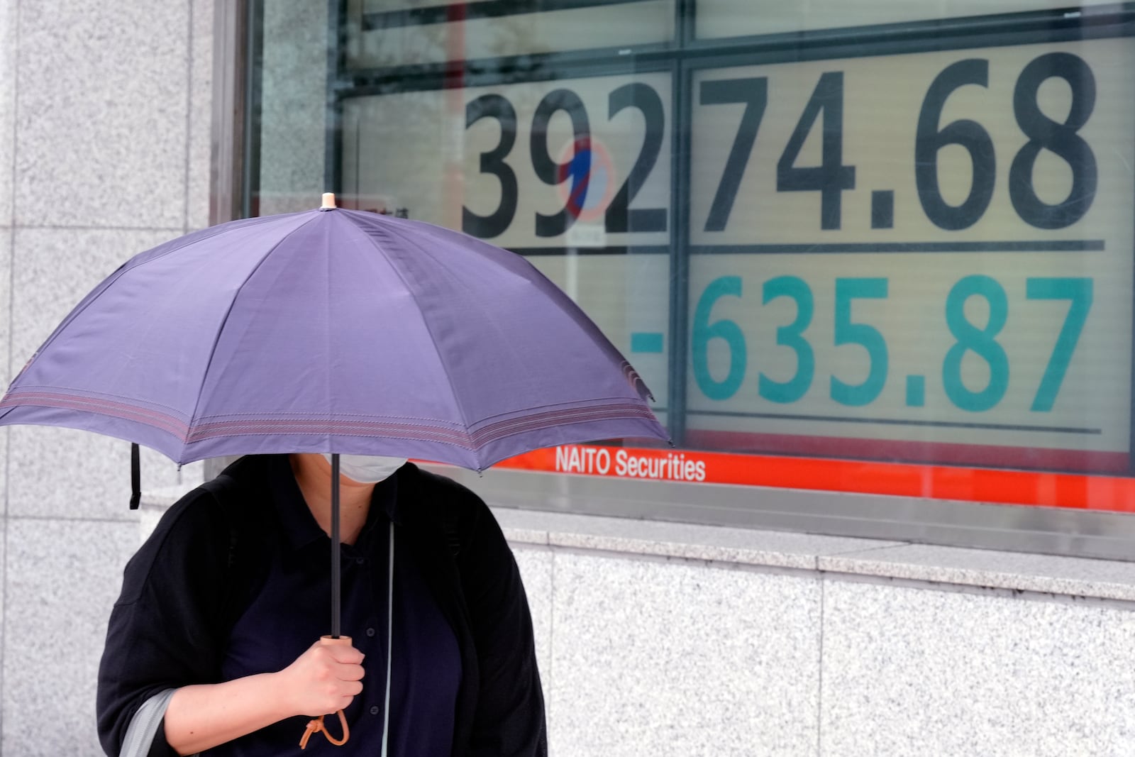 A person walks in front of an electronic stock board showing Japan's Nikkei index at a securities firm Wednesday, Oct. 16, 2024, in Tokyo. (AP Photo/Eugene Hoshiko)