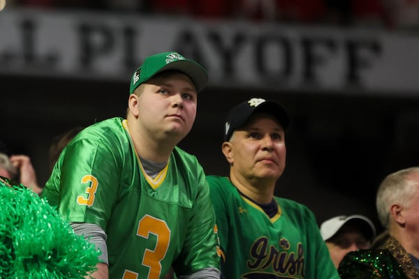 Notre Dame fans react during the final minute of their loss to Ohio State in the 2025 National Championship at Mercedes-Benz Stadium, Monday, Jan. 20, 2025, in Atlanta. Ohio State won 34-23. (Jason Getz / AJC)