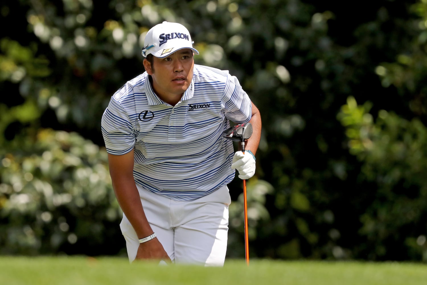 April 8, 2021, Augusta: Hideki Matsuyama reacts to his tee shot on the eleventh hole during the first round of the Masters at Augusta National Golf Club on Thursday, April 8, 2021, in Augusta. Curtis Compton/ccompton@ajc.com