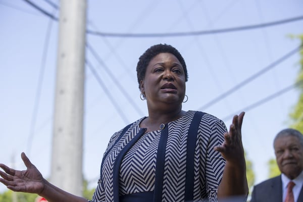 Atlanta City Council President Felicia Moore speaks in May during the groundbreaking ceremony at Sara J. Gonzalez Memorial Park near the Bolton neighborhood in Atlanta. ALYSSA POINTER/ALYSSA.POINTER@AJC.COM