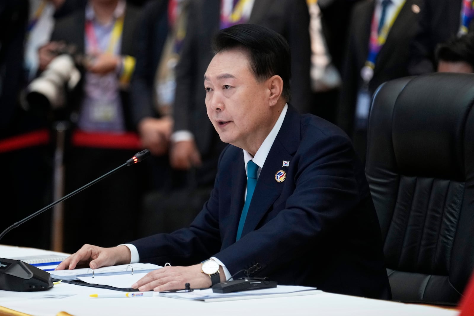 South Korea President Yoon Suk Yeol attends the 25th ASEAN - South Korea Summit to commemorate the 35th Anniversary of Dialogue Relation in Vientiane, Laos, Thursday, Oct. 10, 2024. (AP Photo/Sakchai Lalit)