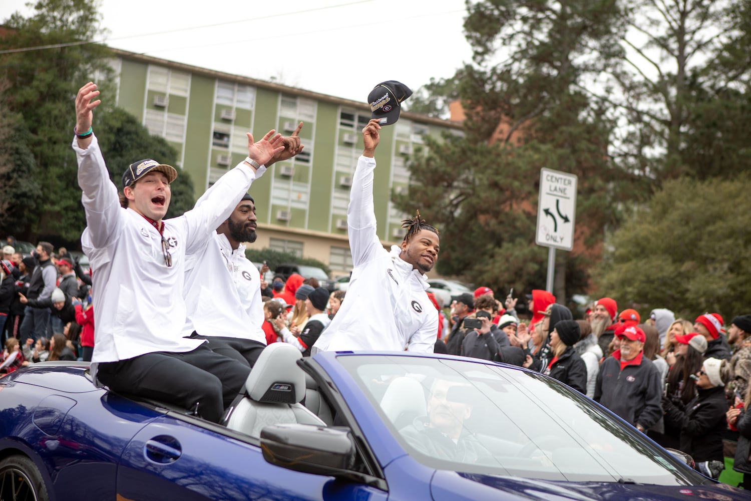 UGA players cheer during the UGA National Championship Celebration Parade in Athens, GA., on Saturday, January 15, 2022. (Photo/ Jenn Finch)