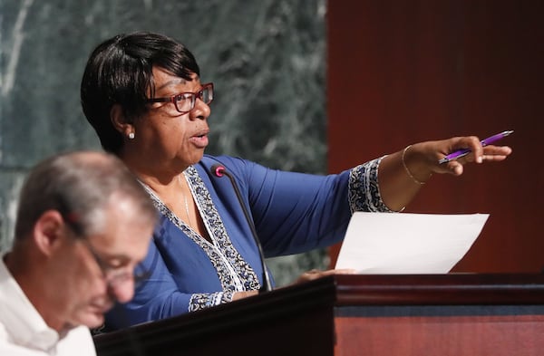 Atlanta City Councilwoman Natalyn Archibong, right, chaired a work session Thursday to study the Gulch deal, an up to $5 billion project, which could include $2 billion in public financing. BOB ANDRES /BANDRES@AJC.COM