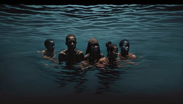 Charlotte, North Carolina-based artist and portrait photographer Criss Ford’s rendition of the Igbo people escaping into the sea off of the coast of Georgia. Instead of submitting to slavery. The work is crucial to Ford, as he is a member of the Gullah-Geechee, with roots to Nigeria.