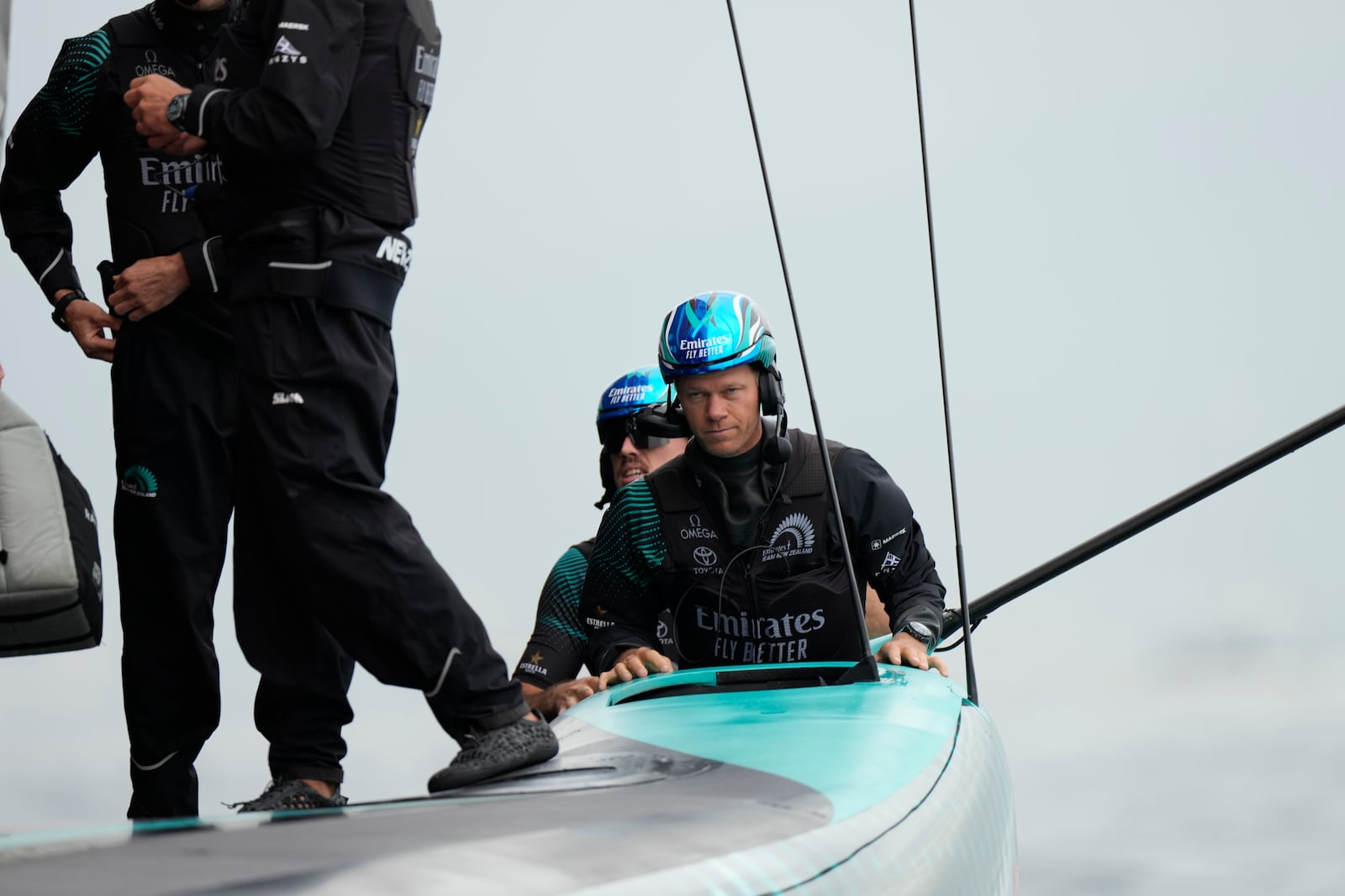 Emirates Team New Zealand crew prepares for the Louis Vuitton 37th America's Cup race in Barcelona, Spain, Saturday, Oct. 12, 2024. (AP Photo/Bernat Armangue)