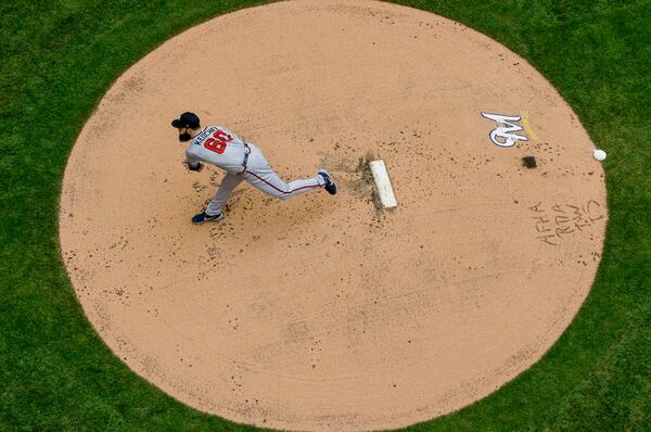 Atlanta Braves starting pitcher Dallas Keuchel throws during the first inning of a baseball game against the Milwaukee Brewers Wednesday, July 17, 2019, in Milwaukee. (AP Photo/Morry Gash)