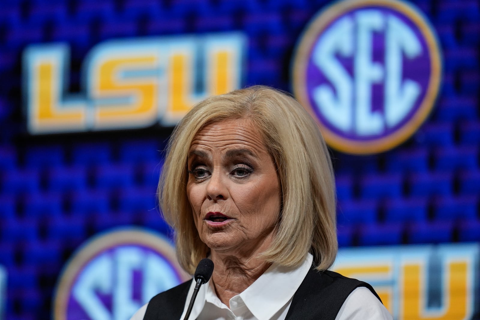 LSU head coach Kim Mulkey speaks during NCAA college basketball Southeastern Conference Media Day, Wednesday, Oct. 16, 2024, in Birmingham, Ala. (AP Photo/Mike Stewart)