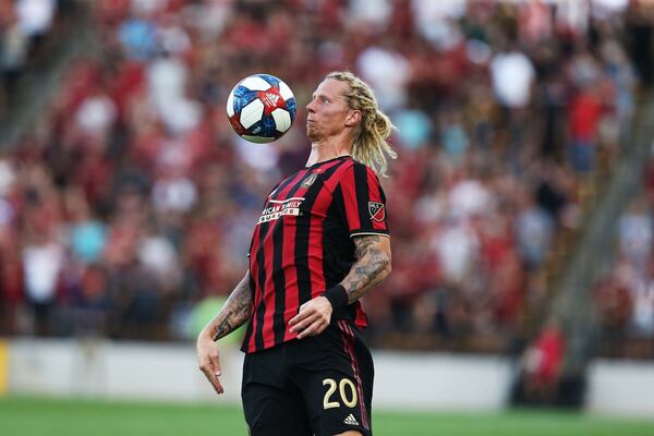 June 10, 2019 Kennesaw- Brek Shea, 20, defender for Atlanta United, chests the ball during the first half of a match between Atlanta United and Saint Louis FC at Kennesaw State University in Kennesaw, Georgia on Wednesday, July 10, 2019. Atlanta United and Saint Louis were tied 0-0 at the end of the first half. Christina Matacotta/Christina.Matacotta@ajc.com