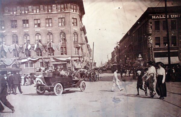 Atlanta, GA: An old photo showing the hotels on historic hotel row on Mitchell Street. Three land owners are working together to build more than 1,000 condos in the old bank headquarters at 222 Mitchell Street and in the old Northern Southern Railway Co. office on Spring Street. (COPY PHOTO BY FRANK NIEMEIR / AJC Staff)