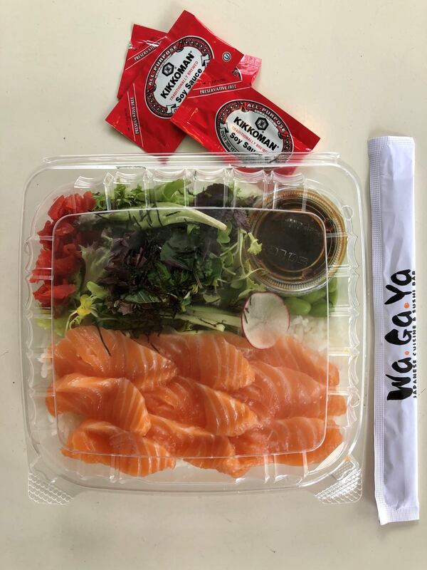 This jewel box package includes rice and salmon sashimi from Wagaya. CONTRIBUTED BY WENDELL BROCK