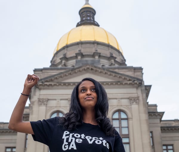 05/11/2021 — Atlanta, Georgia — Activist and organizer Hannah Joy Gebresilassie poses for a portrait outside of the Georgia State Capitol building in Atlanta, Tuesday, May 11, 2021. Gebresilassie is the founder of the Promote Positivity Movement and executive director and cofounder of Protect the Vote GA. (Alyssa Pointer / Alyssa.Pointer@ajc.com)