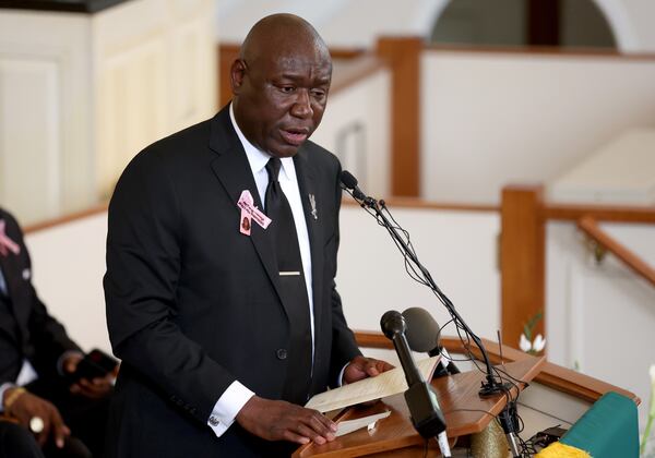 081122 Atlanta, Ga.: Attorney Ben Crump speaks during the celebration of life for Brianna Grier at West Hunter Street Baptist Church, Thursday, August 11, 2022, in Atlanta. Grier is the woman who died after Hancock Police officers left the door open on the back of the police car after arresting her. (Jason Getz / Jason.Getz@ajc.com)