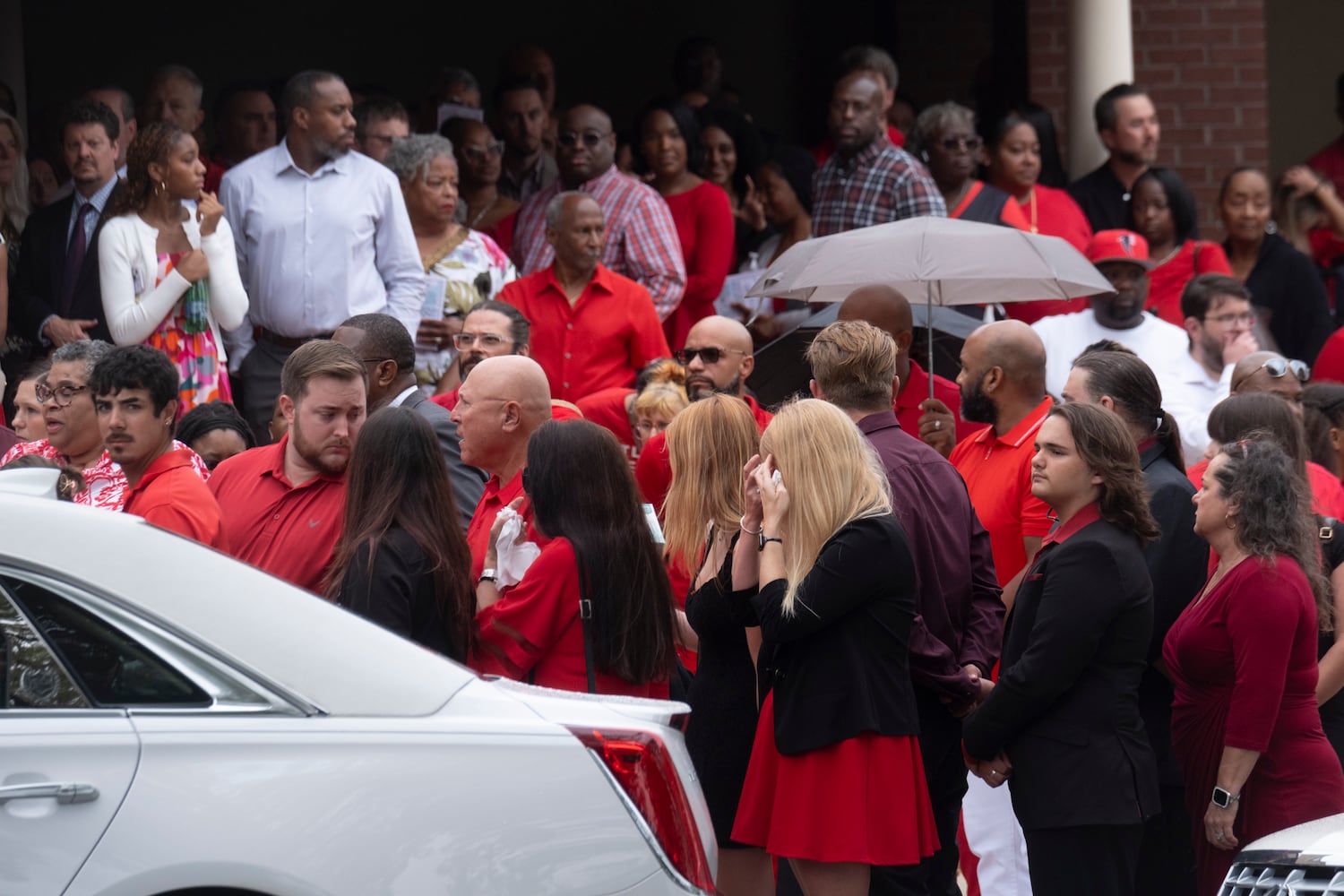 People wait to enter the funeral of Apalachee High School shooting victim Mason Alexander Schermerhorn in Jefferson on Saturday, Sept. 14, 2024.   Ben Gray for the Atlanta Journal-Constitution