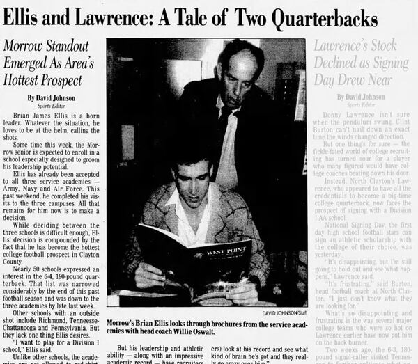 The Feb. 9, 1989, edition of The Atlanta Journal-Constitution published a feature on Brian James Ellis, a quarterback from Morrow. (AJC archive)