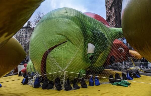 The Grinch balloon lies face down after being inflated by the Macy's inflation team ahead of the Macy's Thanksgiving Day Parade on November 21, 2018 in New York City. 