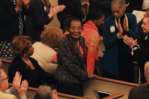 Christine King Farris, the eldest and only living sibling of Martin Luther King Jr., stands and receives a round of applause at The Temple during the joint Martin Luther King Jr. Shabbat service on Jan. 17, 2020. (Christina Matacotta / crmatacotta@gmail.com)