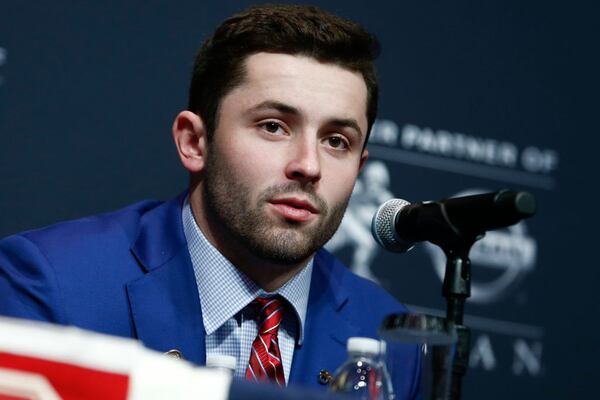 NEW YORK, NY - DECEMBER 09: Baker Mayfield of Oklahoma speaks at the press conference for the 2017 Heisman Trophy Presentation on December 9, 2017 in New York City. (Photo by Jeff Zelevansky/Getty Images)