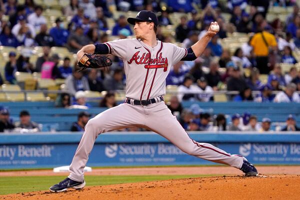 Atlanta Braves starting pitcher Max Fried throws to the plate during the first inning of a baseball game against the Los Angeles Dodgers Tuesday, April 19, 2022, in Los Angeles. (AP Photo/Mark J. Terrill)