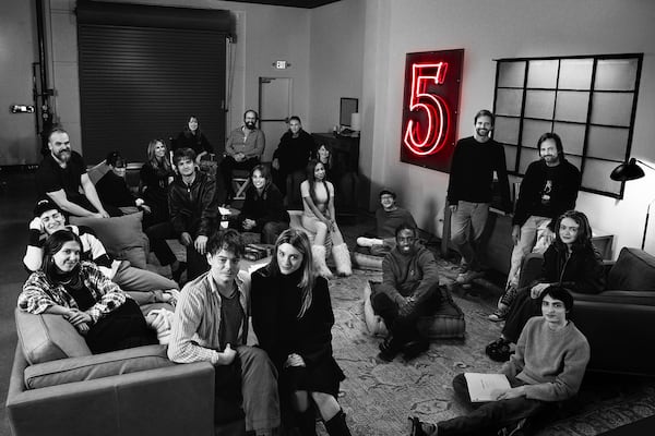 From the final season of "Stranger Things" (left to right): Noah Schnapp, Millie Bobby Brown, David Harbour, Winona Ryder, Cara Buono, Joe Keery, Amybeth McNulty, Charlie Heaton,  Brett Gelman, Maya Hawke, Natalia Dyer, Jamie Campbell Bower, Priah Ferguson, Linda Hamilton, Gaten Matarazzo, Caleb McLaughlin, Ross Duffer, Matt Duffer, Finn Wolfhard, and Sadie Sink of STRANGER THINGS. Cr. Atsushi Nishijima/Netflix © 2024