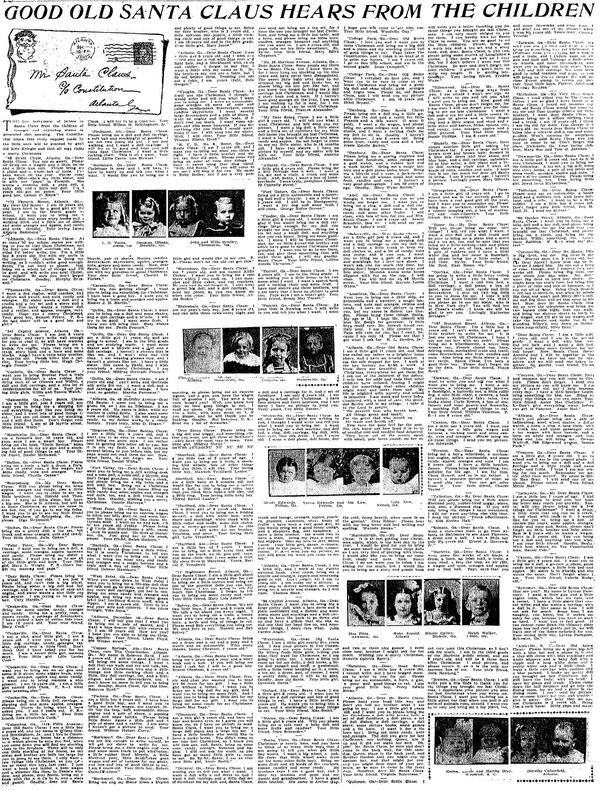 The Dec. 24, 1905, Constitution was jam-packed with youngsters' letters to Santa Claus -- and with photos sent in by the children so that right jolly old elf would be sure to get the goods to the right kid. This is page one of seven. That's right -- SEVEN.