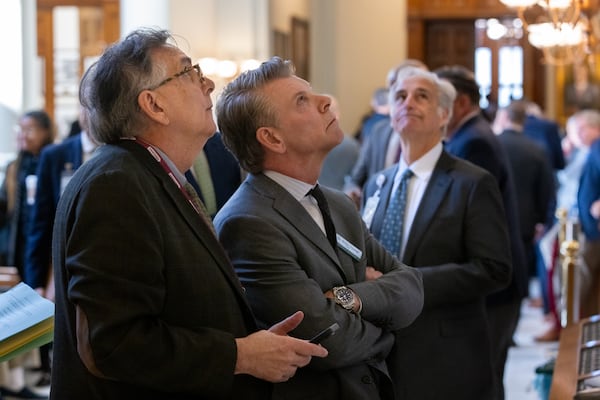 Lobbyist Edward Lindsey (left) and Robin Fowler watch a video feed of the Senate at the Capitol in Atlanta during Crossover Day on Thursday, March 6, 2025. (Arvin Temkar/AJC)