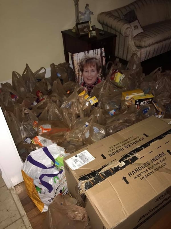 Bags of food at the home of Bob and Susan Hope. Susan Hope, who died earlier this year, told friends and family that instead of gifts to give food to feed the needy. CONTRIBUTED by BOB HOPE