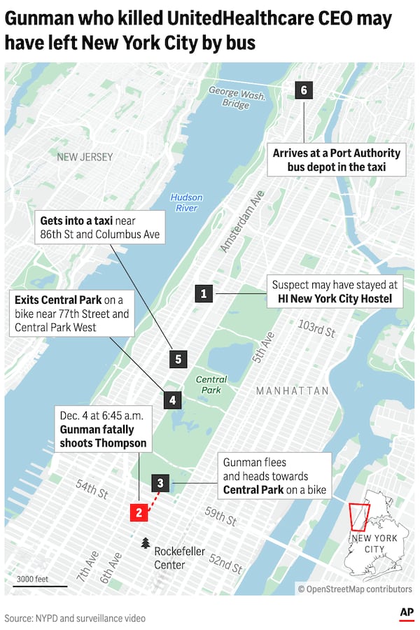 The graphic above shows the location of the UnitedHealthcare CEO shooting and escape route a suspected gunman took. (AP Digital Embed)