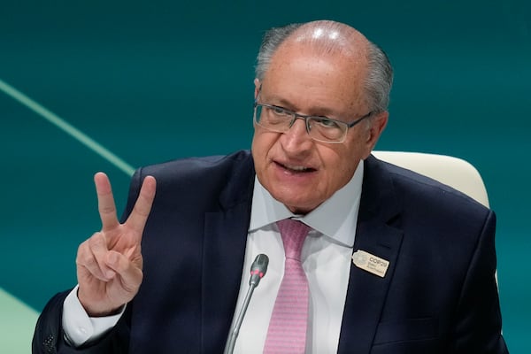 FILE - Brazilian Vice President Geraldo Alckmin gestures as he speaks during a news conference at the COP29 U.N. Climate Summit, Nov. 13, 2024, in Baku, Azerbaijan. (AP Photo/Rafiq Maqbool, File)