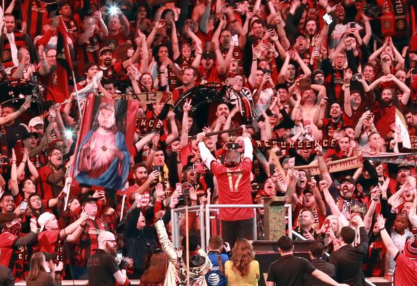 12/8/18 - Atlanta - Atlanta United team owner Arthur Blank fires up the fans after hammering the golden spike as his team plays the Portland Timbers for the MLS Cup, the championship game of the Major League Soccer League at Mercedes-Benz Stadium in Atlanta.   CURTIS COMPTON / CCOMPTON@AJC.COM