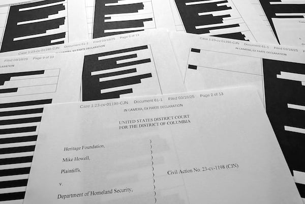 A heavily redacted declaration by Jarrod Panter is photographed Tuesday, March 18, 2025, as newly released court documents shed no fresh light on the circumstances under which Prince Harry entered the United States. (AP Photo/Jon Elswick)