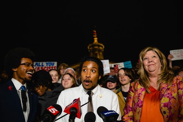  State Rep. Justin Jones speaks at a news conference after a vote to expel him and State Rep. Justin Pearson, at the Tennessee State Capitol in Nashville, Tenn., on April 6, 2023. (Jon Cherry/The New York Times)
                      