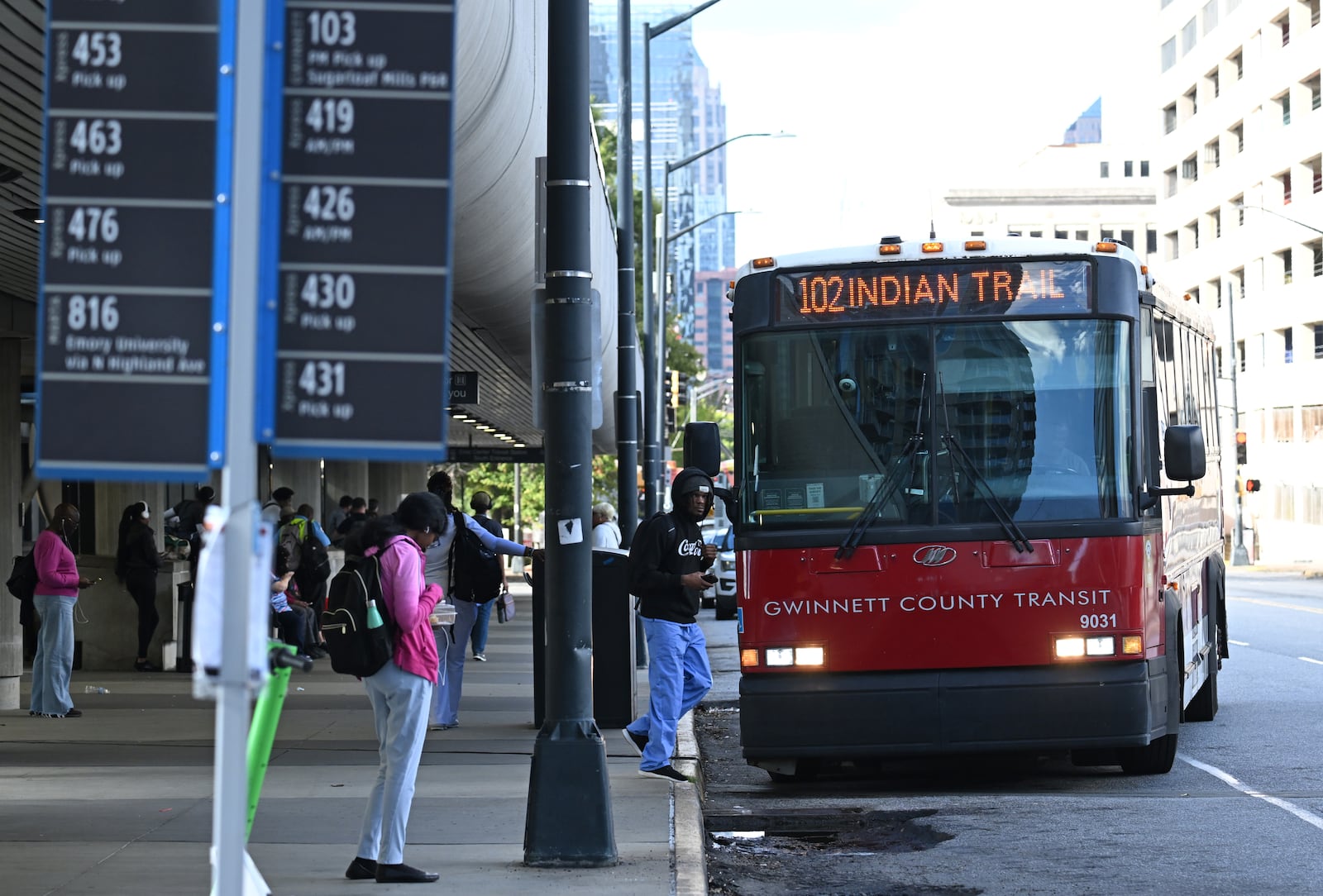 Gwinnett County Transit bus arrives at the Civic Center MARTA station, Thursday, September 19, 2024, in Atlanta. This is for a story about the history of failed transit expansions in Gwinnett and Cobb, previewing the November transit referendum in both counties. (Hyosub Shin / AJC)