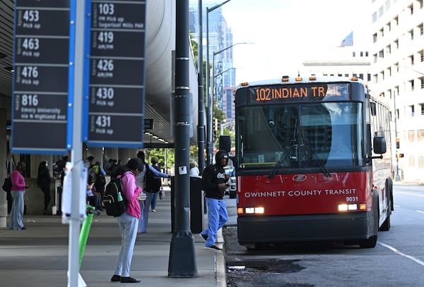 Gwinnett County Transit bus arrives at the Civic Center MARTA station, Thursday, September 19, 2024, in Atlanta. This is for a story about the history of failed transit expansions in Gwinnett and Cobb, previewing the November transit referendum in both counties. (Hyosub Shin / AJC)