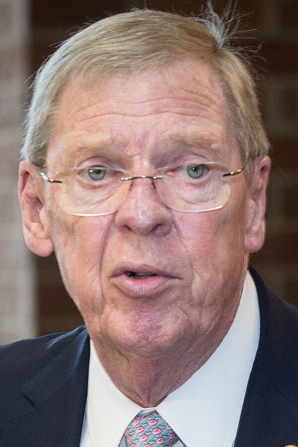 U.S. Senator Johnny Isakson speaks to the crowd at the reception for the newly completed first phase of construction of Walton High School in Marietta, GA Sunday, July 30, 2017. STEVE SCHAEFER / SPECIAL TO THE AJC