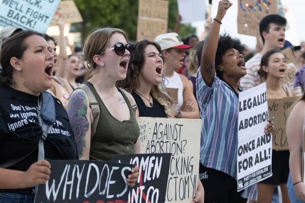 Abortion rights activists gather at the Georgia State Capital Saturday, June 25, 2022. (Steve Schaefer / steve.schaefer@ajc.com)