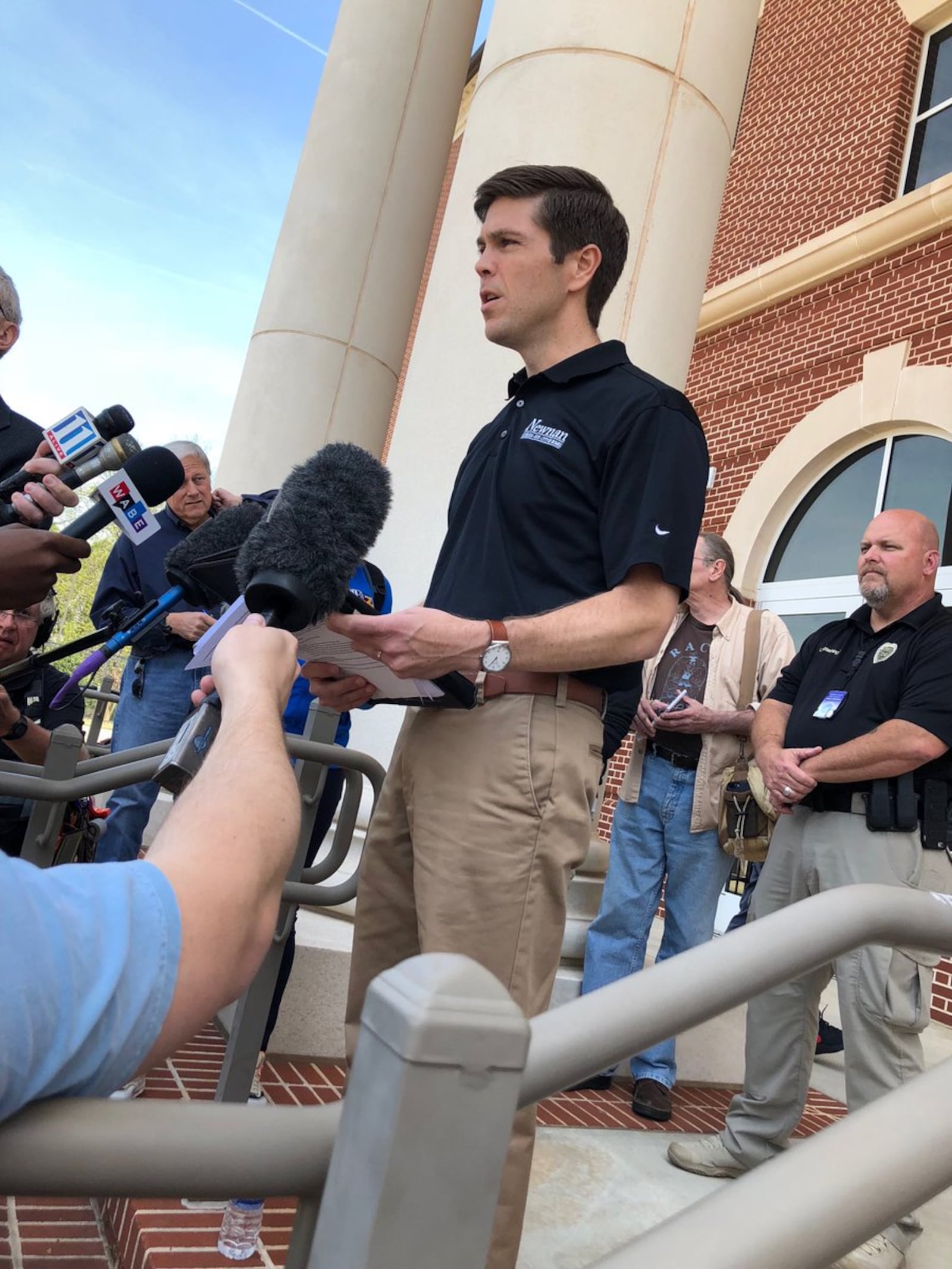 Newnan officials hold their first press conference of the day ahead of Saturday’s planned rally by neo-Nazis. 