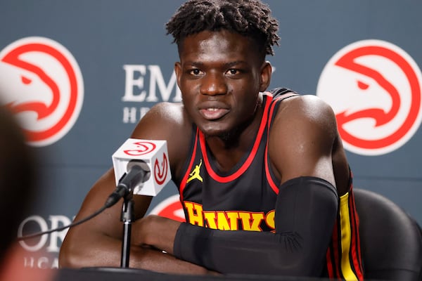 Mouhamed Gueye answers questions from press members during the Hawks Media Day on Monday, October 2, 2023. (Miguel Martinez /miguel.martinezjimenez@ajc.com)