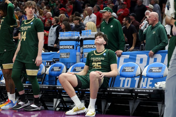 Colorado State forward Kyle Jorgensen reacts on the sideline after the team's loss to Maryland during the second half in the second round of the NCAA college basketball tournament, Sunday, March 23, 2025, in Seattle. (AP Photo/Ryan Sun)