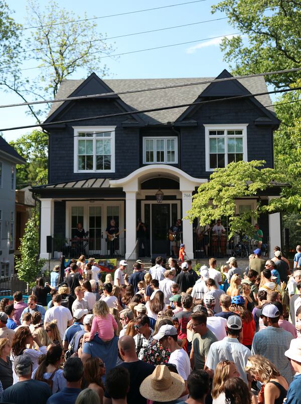 Neighbors listen to Webster Band Atlanta during the first Virginia Highland Porchfest. 
Courtesy David Goo